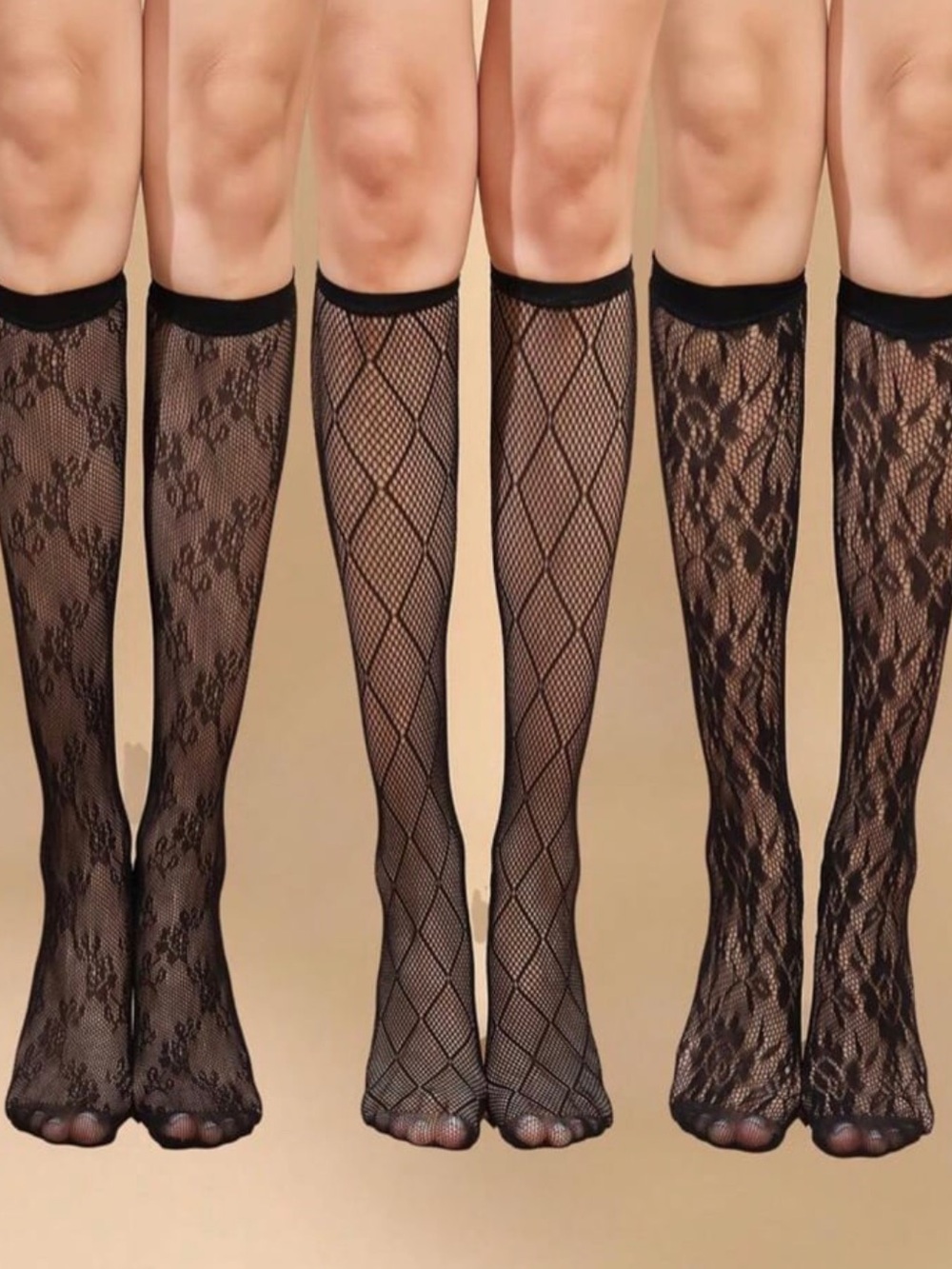 Black Lace & Fishnet Knee-High Socks - Pack